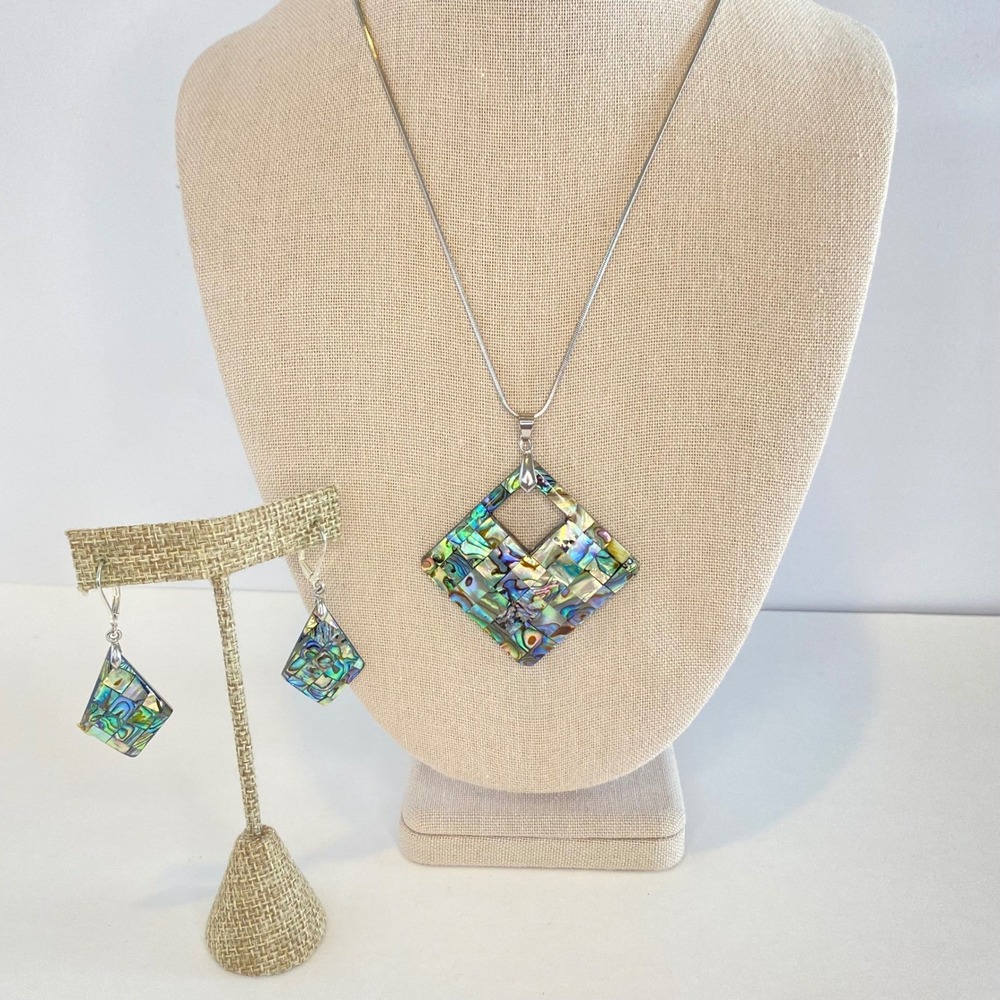 Abalone Shell Mosiac Artisan Pendant Necklace Earrings Set Women 18KGP Coastal